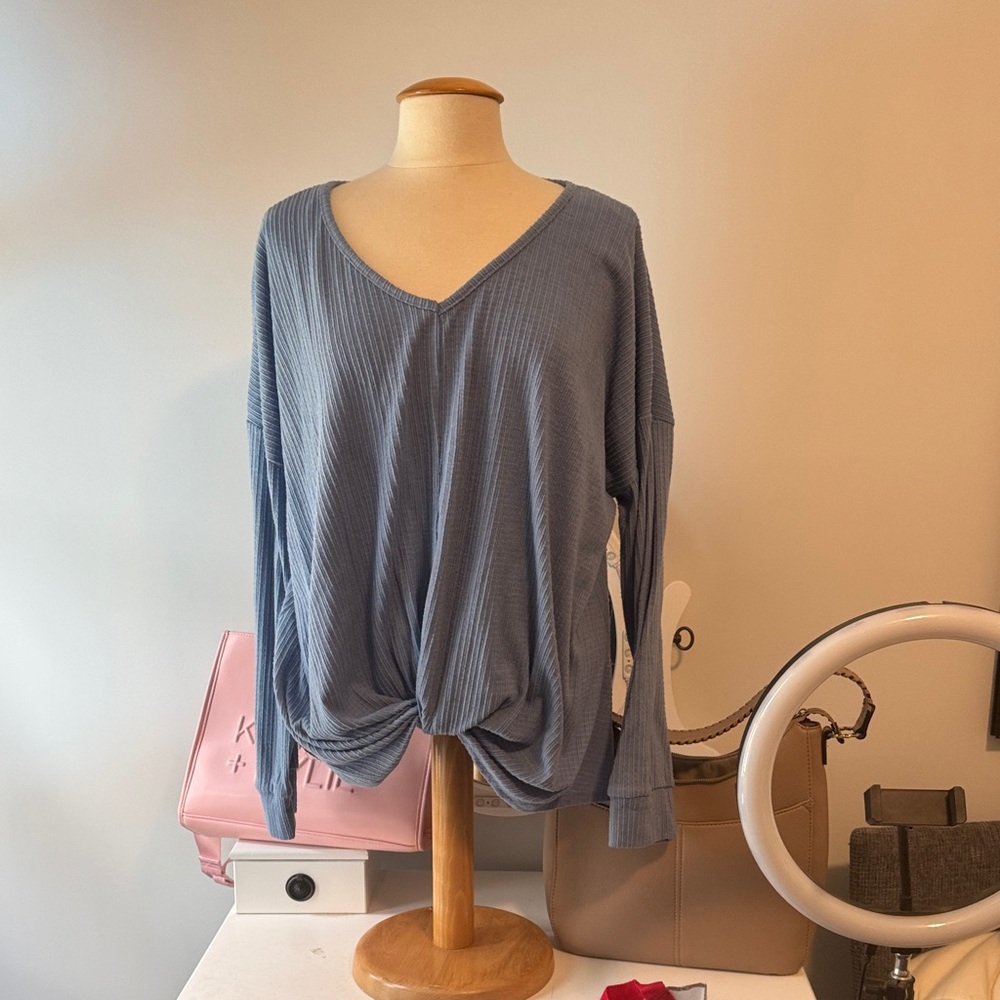 SO Blue V-Neck Twist Front Long Sleeve Top